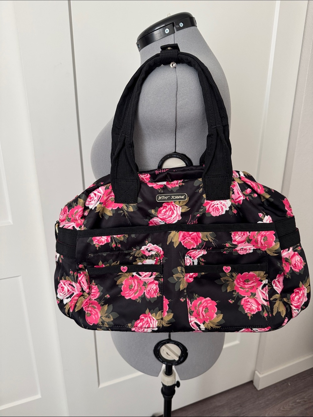 Betsey Johnson Black Tote with Pink Rose Print - Picture 2 of 8